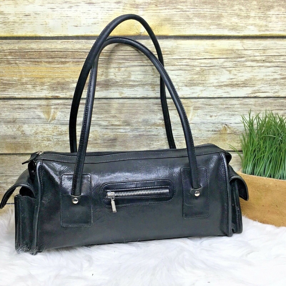 Vntg J. Crew Black Leather Shoulder Bag Purse